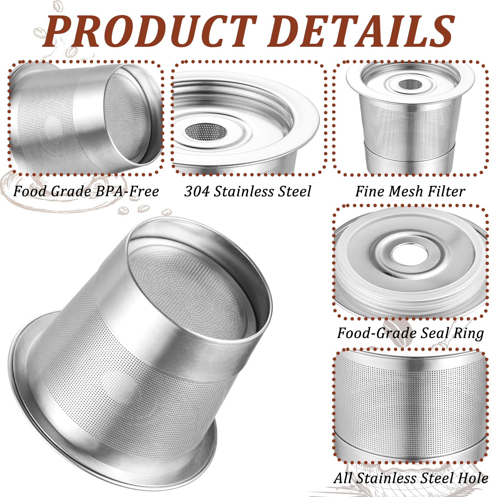 3 Pack Reusable K Cups and Coffee Pods for Ninja Coffee Maker PB051 & CFP101/PB041, 304 Stainless Steel Reusable K Pod Permanent K Cups Filters Compatible with Ninja Coffee Maker,Coffee Accessories