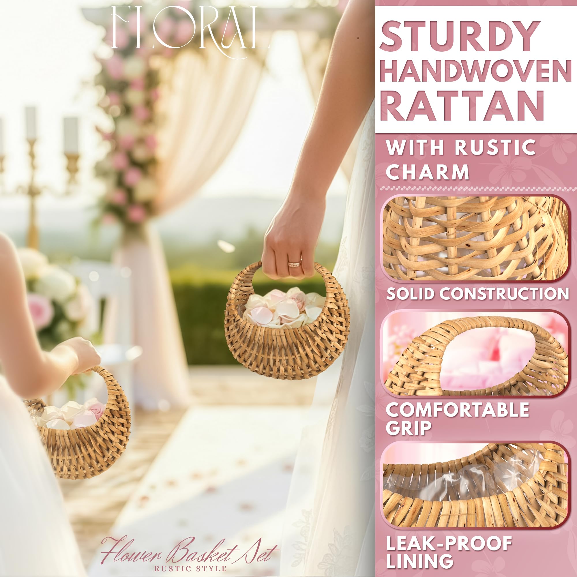 Small Flower Girl Basket Set of 2 - Small Wicker Basket with Handle and Waterproof Lining 6.3" x 5.12" x 3.75" - Tiny Easter Baskets with Rattan Design for Flowers, Sweets, Gifts, Home Decor & Storage