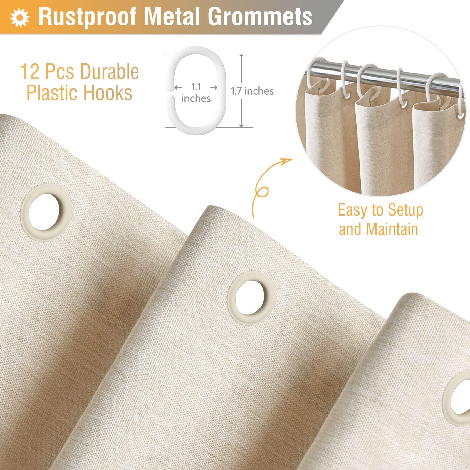 BTTN Fabric Shower Curtain, Linen Textured Cloth Shower Curtain Set with 12 Plastic Hooks, Hotel Luxury Neutral Modern Simple Waterproof Decorative Shower Curtains for Bathroom - 72"x72" - Beige/Cream