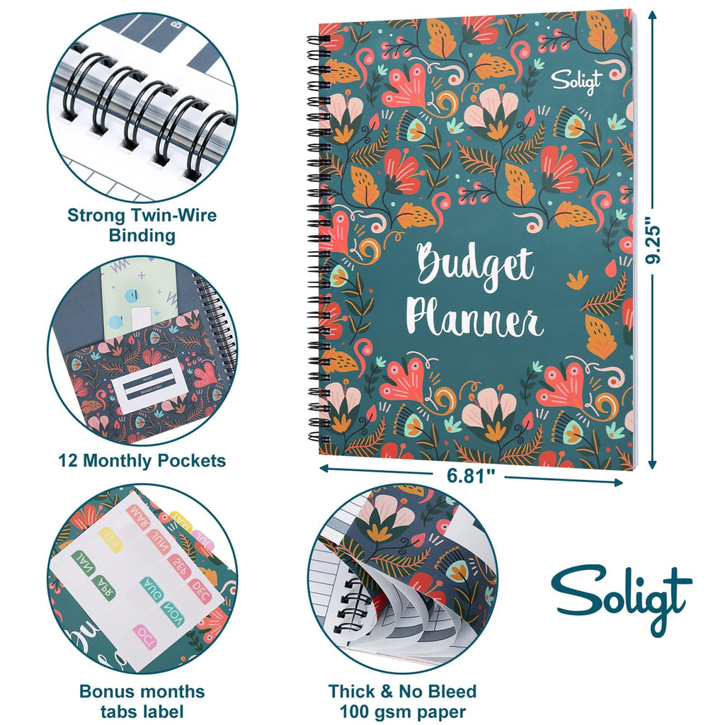 Monthly Financial Budget Planner (Undated) with 12 Pockets for Income, Debt, Saving, Expense and Bill Tracker Organizer, Blue, Spiral Design