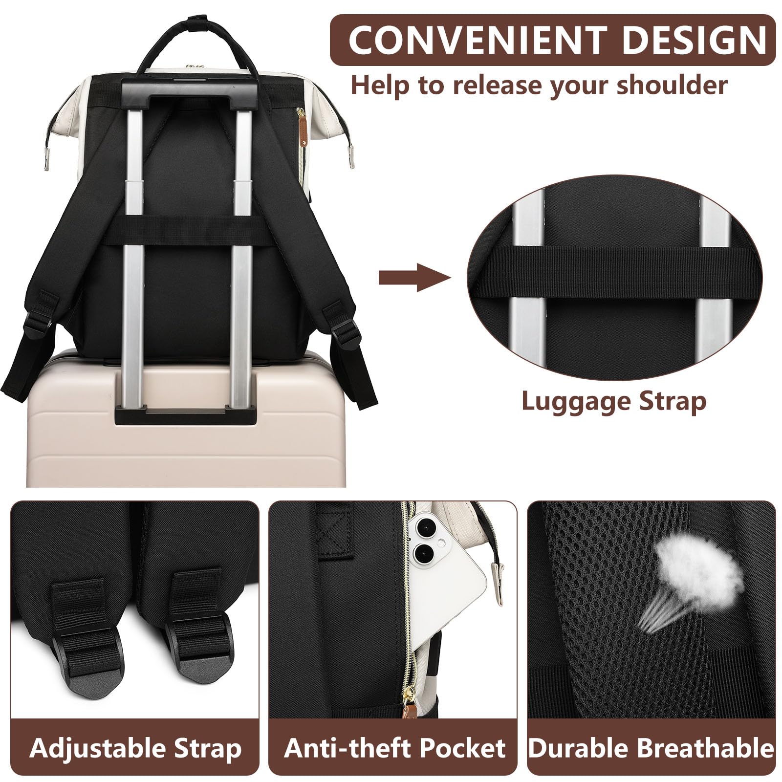 Laptop Backpack for Women Bag: 15.6 inch Work Travel Backpack with USB Charger College Bookbag Business Computer Backpack Anti-theft Casual Backpacks for Nurse Teacher Beige Black Brown