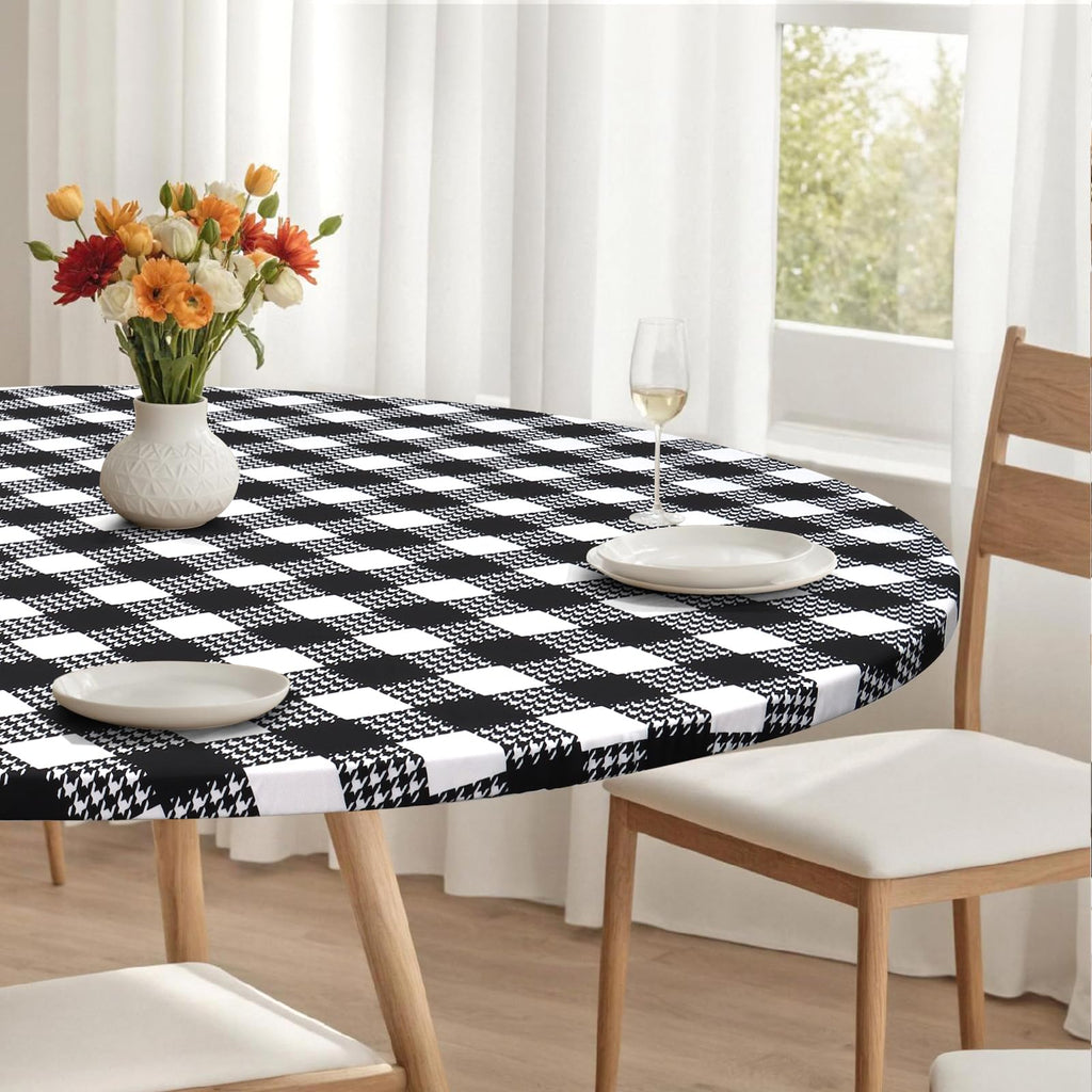 LOMOHOO Round Tablecloth with Elastic Edge Outdoor Waterproof Round Table Cloth, 36-44" Black White Buffalo Plaid Houndstooth Washable Fitted Vinyl Table Cover for Dining Kitchen Picnic Camping Party