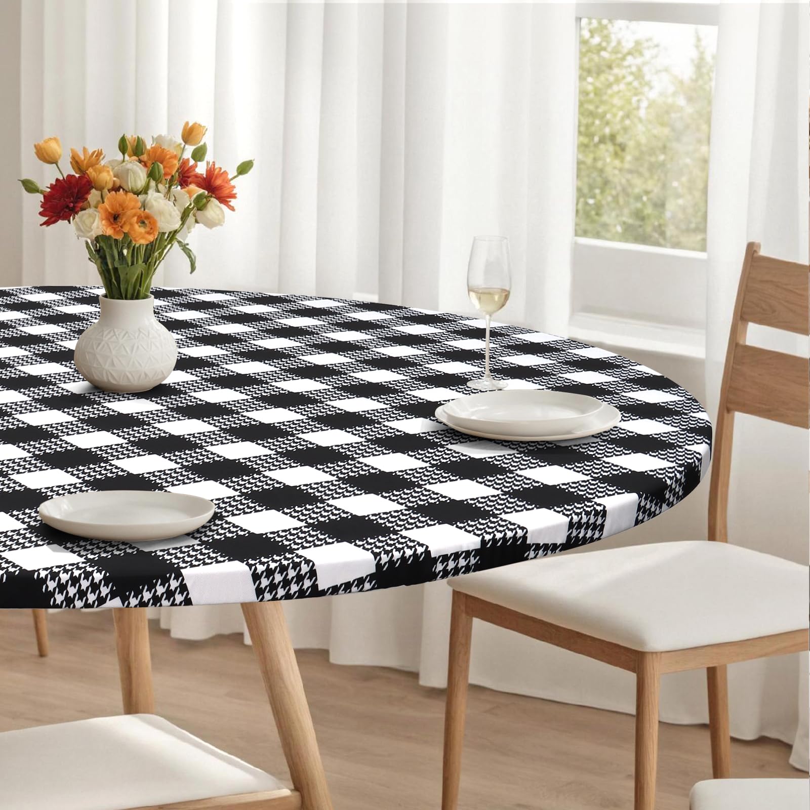 LOMOHOO Round Tablecloth with Elastic Edge Outdoor Waterproof Round Table Cloth, 36-44" Black White Buffalo Plaid Houndstooth Washable Fitted Vinyl Table Cover for Dining Kitchen Picnic Camping Party