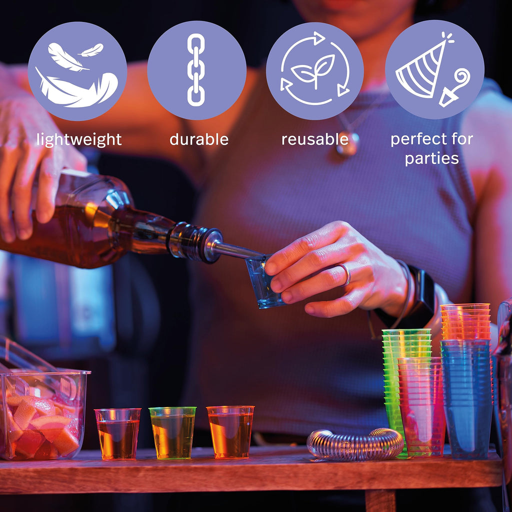 MATANA 300 Plastic Shot Glasses, Neon (30ml / 1oz) - Reusable - Shot Glasses Plastic, Shot Glass, Jelly Shots, Sample Tasting Cups - Shot Cups for Parties, Birthdays, Weddings, Stag, Hen Parties