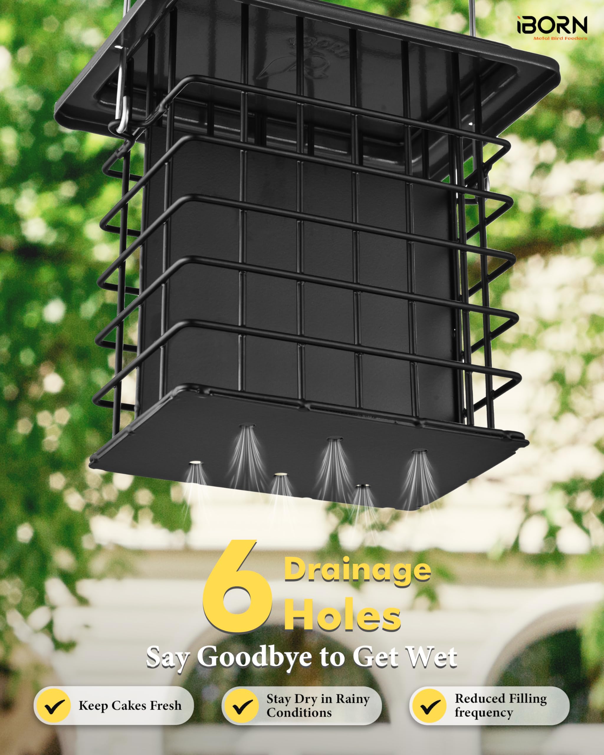iBorn Double Suet Feeder- Metal Roof Bird Feeder with Taller Grid for Woodpeckers, Suet Cake Cage Bird Feeder for Outdoors Hanging,Easy-Clean & Refill,Metal Black（Pack of 1）