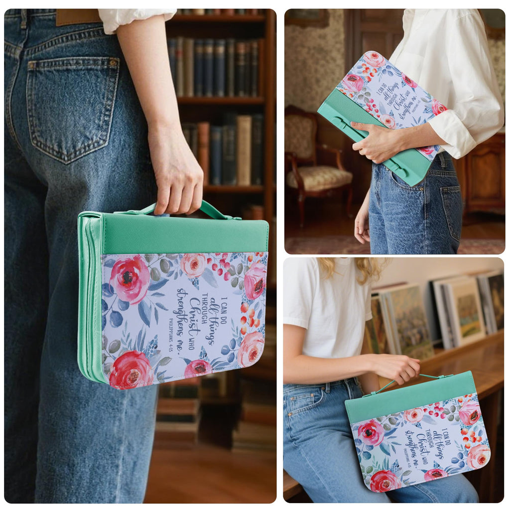 Faithful Hers Bible Covers Case for Women Leather Large Study Bible Carrying Cases Holder 11"x8.2"x2.2" Floral Bible Carrier Tote Bags with Handles Pockets Christian Bible Accessories Gifts