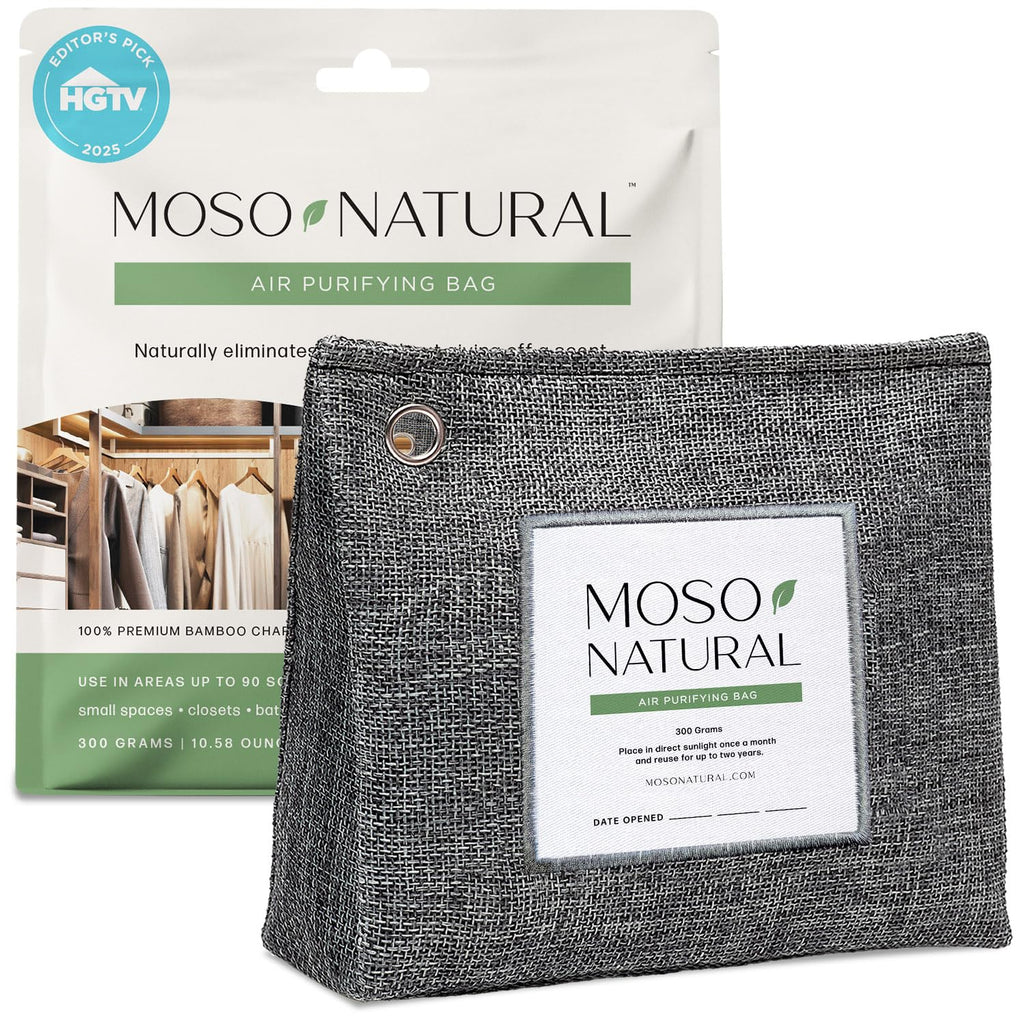 Moso Natural Air Purifying Bag 300g. A Scent Free Odor Eliminator for Closets, Bathrooms, Laundry Rooms, Pet Areas. Premium Moso Bamboo Charcoal Odor Absorber. Freestanding Design.