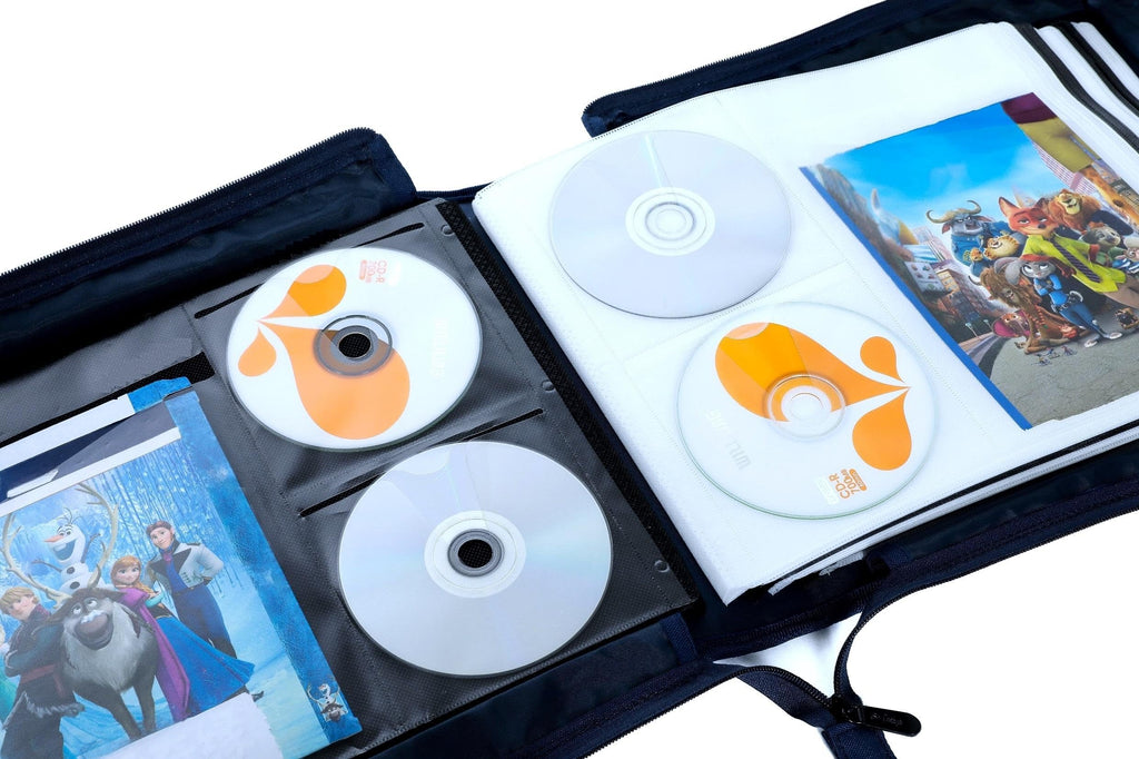 DVD CD Storage Case with Extra Wide Title Cover Pages for Blu Ray Movie Music Audio Media Disk (Portable Carrying Binder Holder Wallet Album Home Organizer)- Blue, 128 disk units, 64 booklet pockets