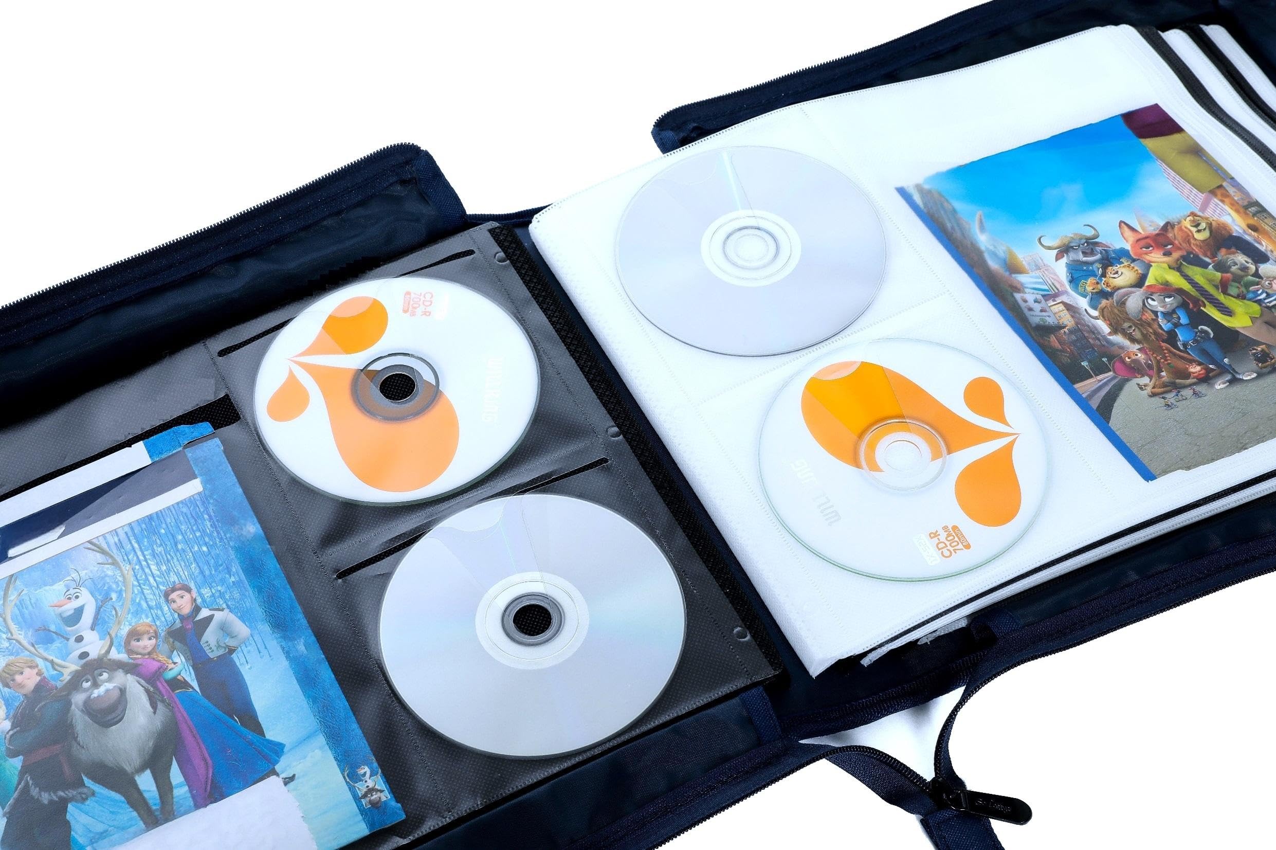 DVD CD Storage Case with Extra Wide Title Cover Pages for Blu Ray Movie Music Audio Media Disk (Portable Carrying Binder Holder Wallet Album Home Organizer)- Blue, 128 disk units, 64 booklet pockets