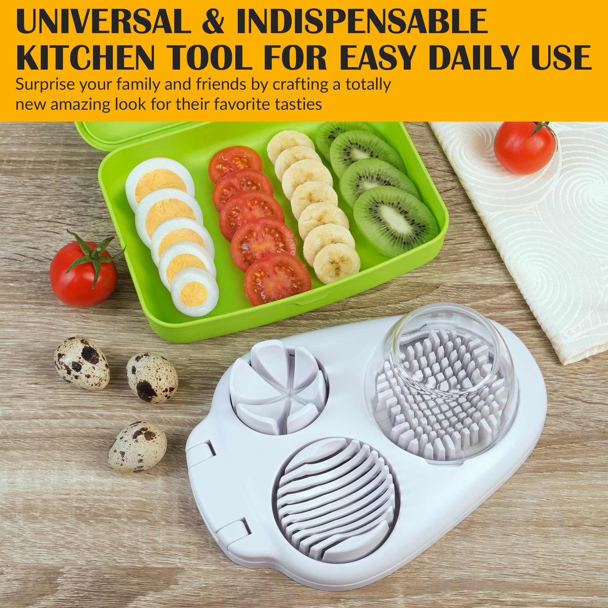 CraftyCrocodile Egg Slicer for Hard Boiled Eggs - 3 Slice Modes Egg Cutter, Heavy Duty, Stainless Steel Dicer - Hand Chopper Kitchen Tool for Strawberry, Mushroom, Grape, Cherry Tomato - White