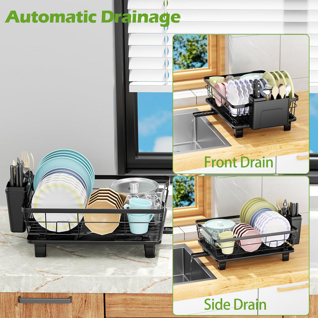 Small Dish Drying Rack, Space Saving Dish Racks for Kitchen Counter, Kitchen Organizer Dish Drainer with Cutlery Holder for Spoons and Forks, Black