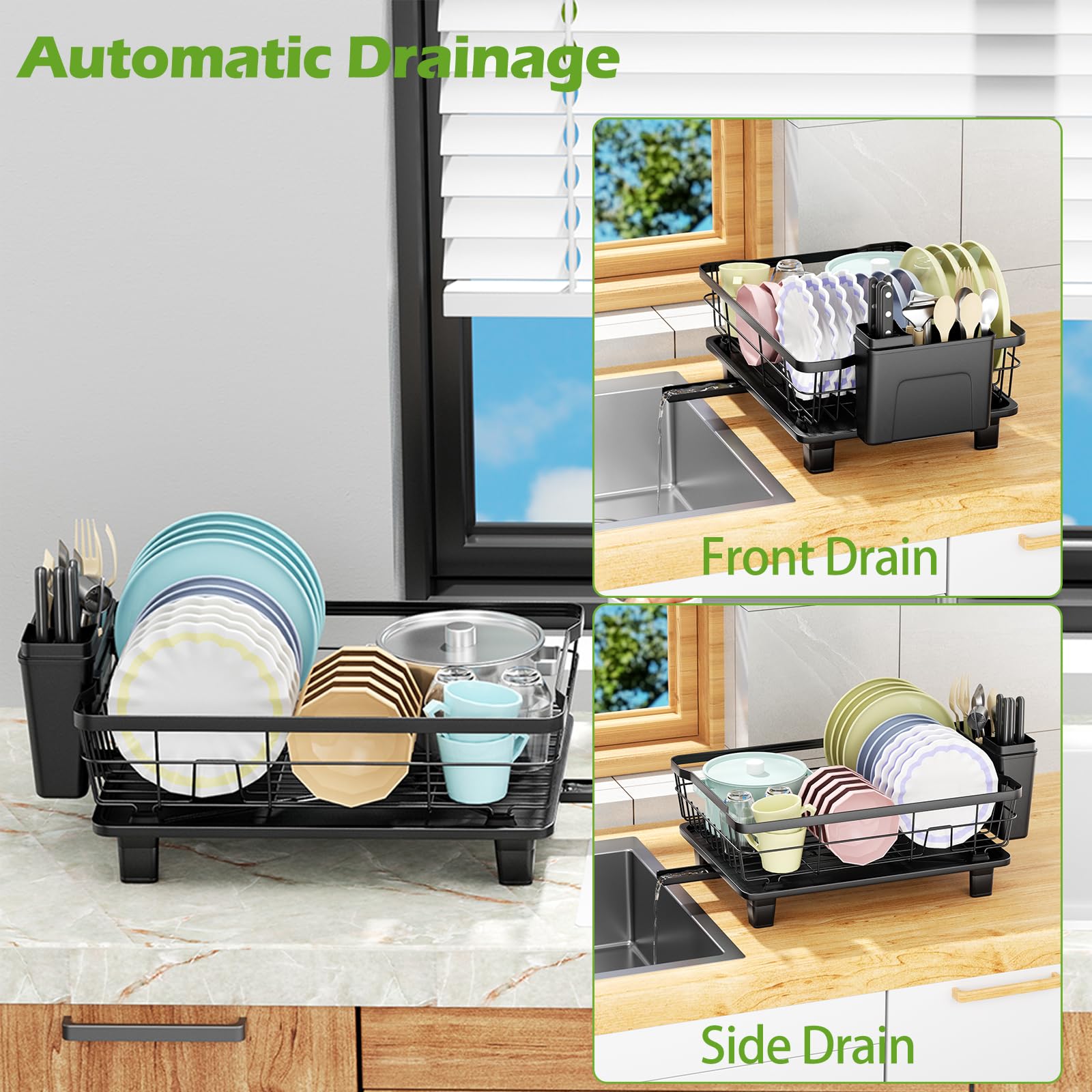 Small Dish Drying Rack, Space Saving Dish Racks for Kitchen Counter, Kitchen Organizer Dish Drainer with Cutlery Holder for Spoons and Forks, Black