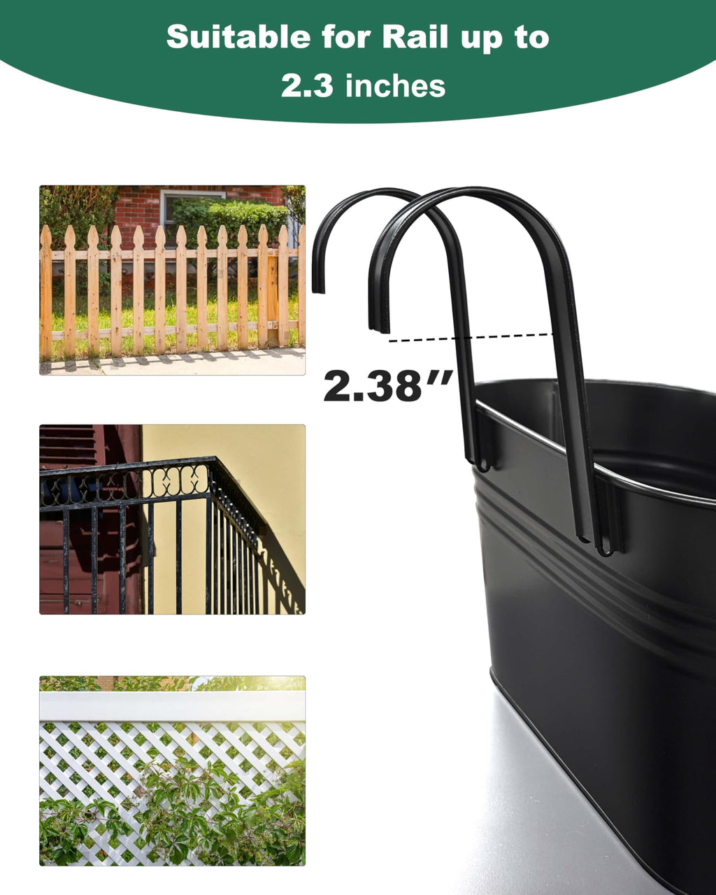 vensovo Metal Railing Planter for Outdoor Plants - 3 Pack Balcony Hanging Planter Box with Detachable Hooks and Drain Holes Oval Hanging Pots Fence Planters for Railing Garden Fence, Black