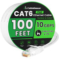 Cat 6 Ethernet Cable 100ft - High Speed 10Gbps, Indoor&Outdoor, Slim Flat Design, Supports Cat7 Network - for Router, Modem, PS4/5, Xbox - White, Weatherproof, Includes 35 Clips & 4 Straps