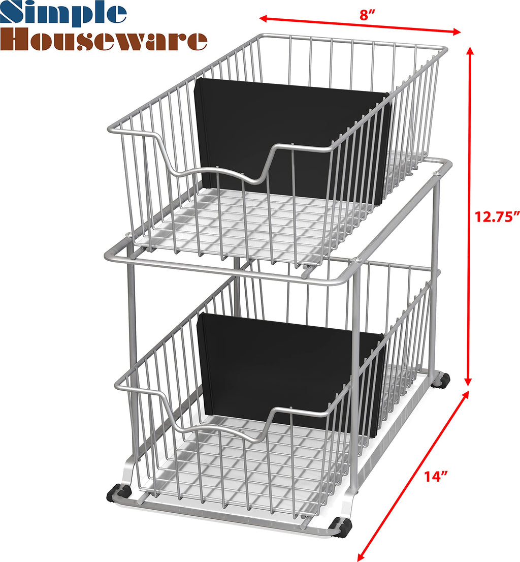 Simple Houseware 2 Tier Pull Out Cabinet Wire Basket Drawer Organizer for Under Sink, Kitchen, and Bathroom, Silver
