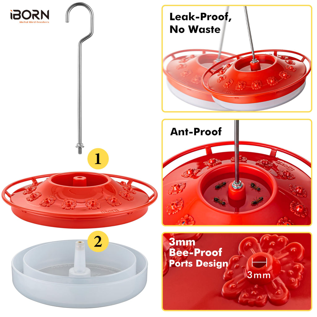 iBorn Hummingbird Feeder for Outdoors with Built-in Ant Moat, Bird Feeders with 14 Bee Guard Ports, Metal Hanging Hook & Easy-Clean Design, 13 OZ,2-Pack,Red