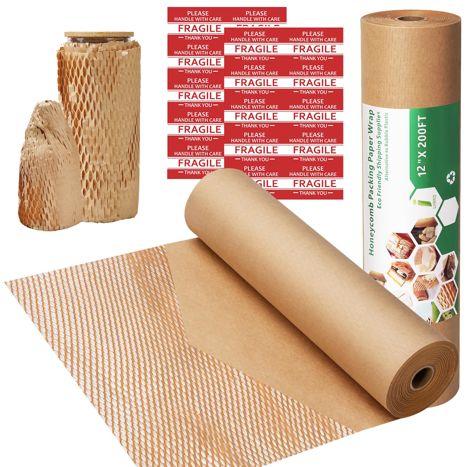 Honeycomb Packing Paper Wrap 12"x200' Recycled Bubble Cushioning Wrap Eco Friendly Moving Supplies for Shipping, Packaging & Gifts - Protective Wrap for Fragile Items with 20 Fragile Sticker Labels