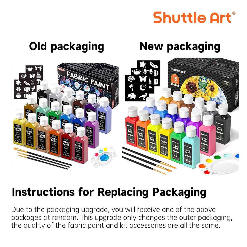 Shuttle Art Fabric Paint, 18 Colors Permanent Soft Fabric Paint in Bottles (60ml/2oz) with Brushes, Palette, Stencils, Textile Paint for T-Shirts, Shoes, Jeans, Bags, DIY Projects & Art Crafts