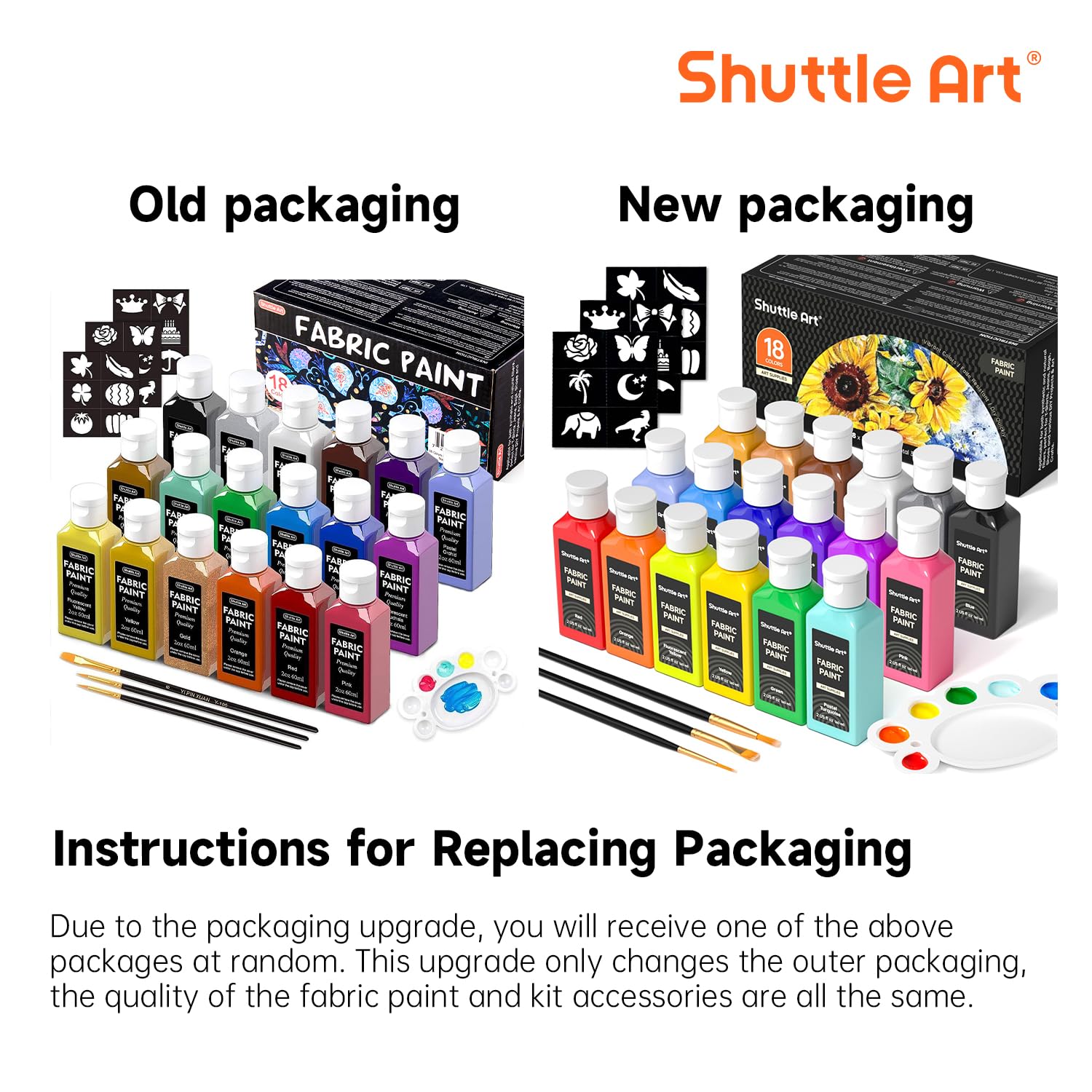 Shuttle Art Fabric Paint, 18 Colors Permanent Soft Fabric Paint in Bottles (60ml/2oz) with Brushes, Palette, Stencils, Textile Paint for T-Shirts, Shoes, Jeans, Bags, DIY Projects & Art Crafts