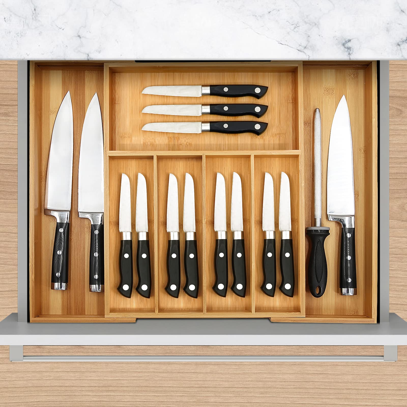 VaeFae Bamboo Drawer Organizer, Expandable Cutlery Drawer Organizer, Wooden Drawer Dividers Organizer for Kitchen Utensils and Flatware