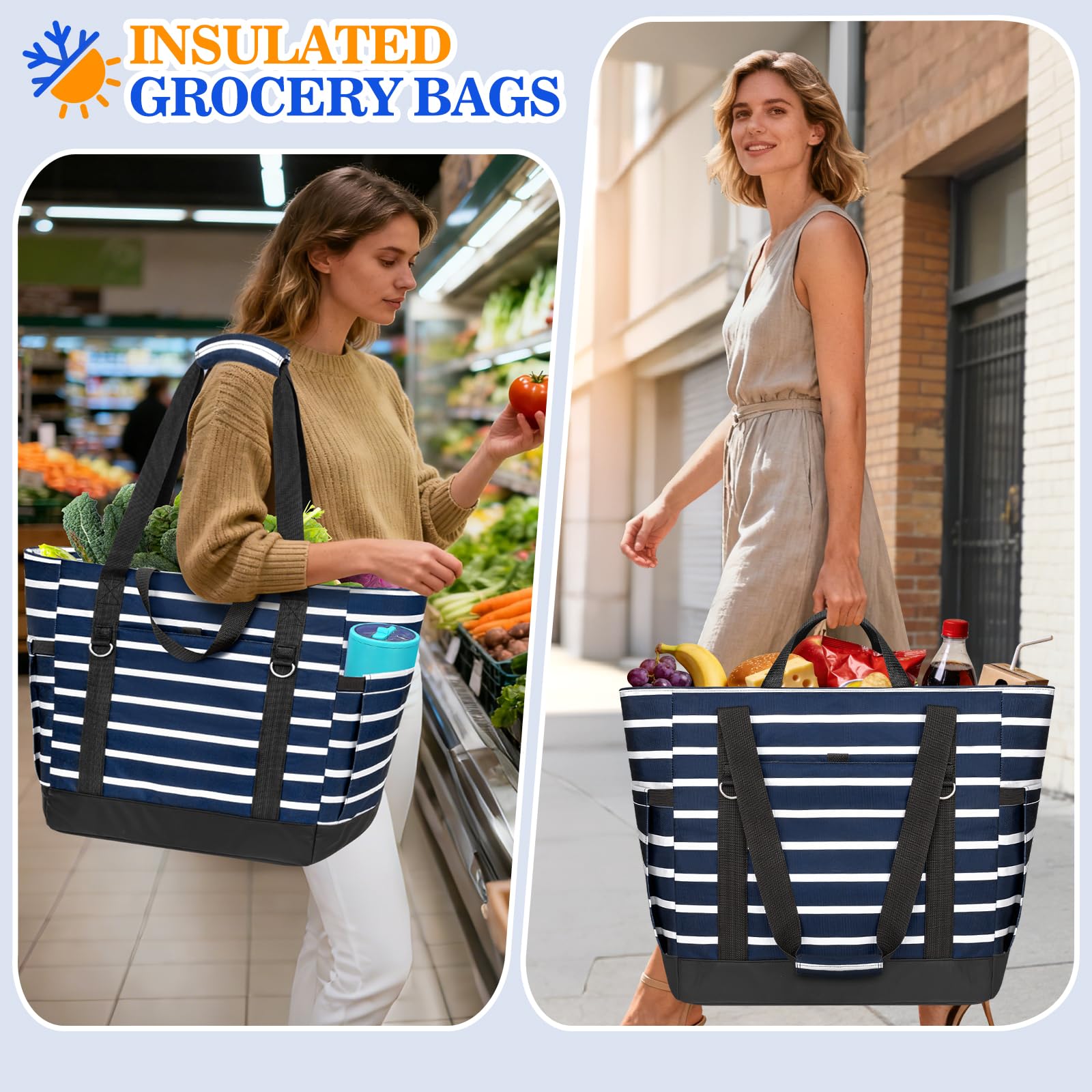 HUANLANG Soft Cooler Bag Insulated for Travel,Large Insulated Grocery Bags with Zippered Top,PEVA Collapsible Insulated Food Delivery Bag for Beach, Travel, Picnics