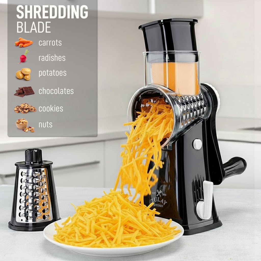 Zulay Kitchen 5-Blade Rotary Cheese Grater - Manual Hand Crank Cheese Shredder with Reinforced Suction & 5 Interchangeable Drums - Vegetable Chopper & Round Mandoline Slicer