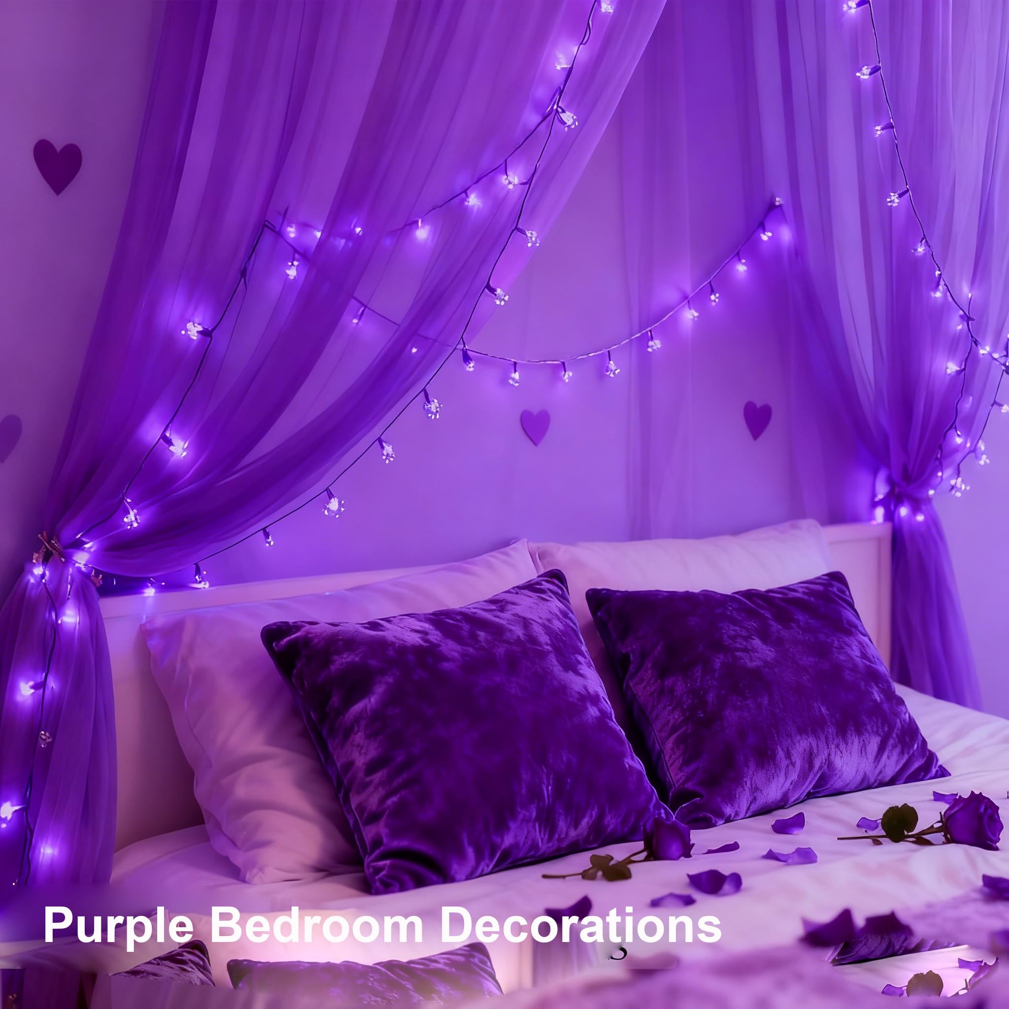 FULLBELL String Lights, Purple Lights Room Decor Flower String Lights 33 Feet 100LED 8 Modes Wedding Party Indoor Outdoor Flower Lights LED Lights for Bedroom Birthday Decorations (Purple)