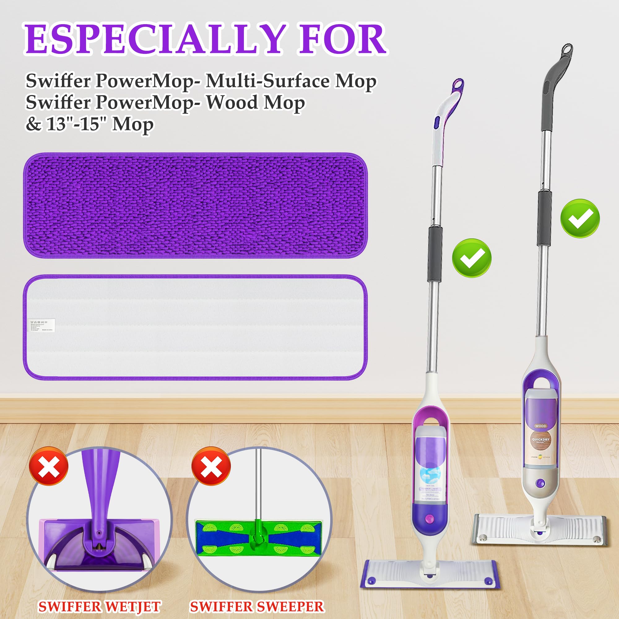 6 Pack Reusable Mop Pads Compatible with Swiffer Powermop, Papclean Power Mop Refills Microfiber Mopping Pads for Powermop Multi-Surface & Powermop Wood Kit All Types of Floor Cleaning, Purple