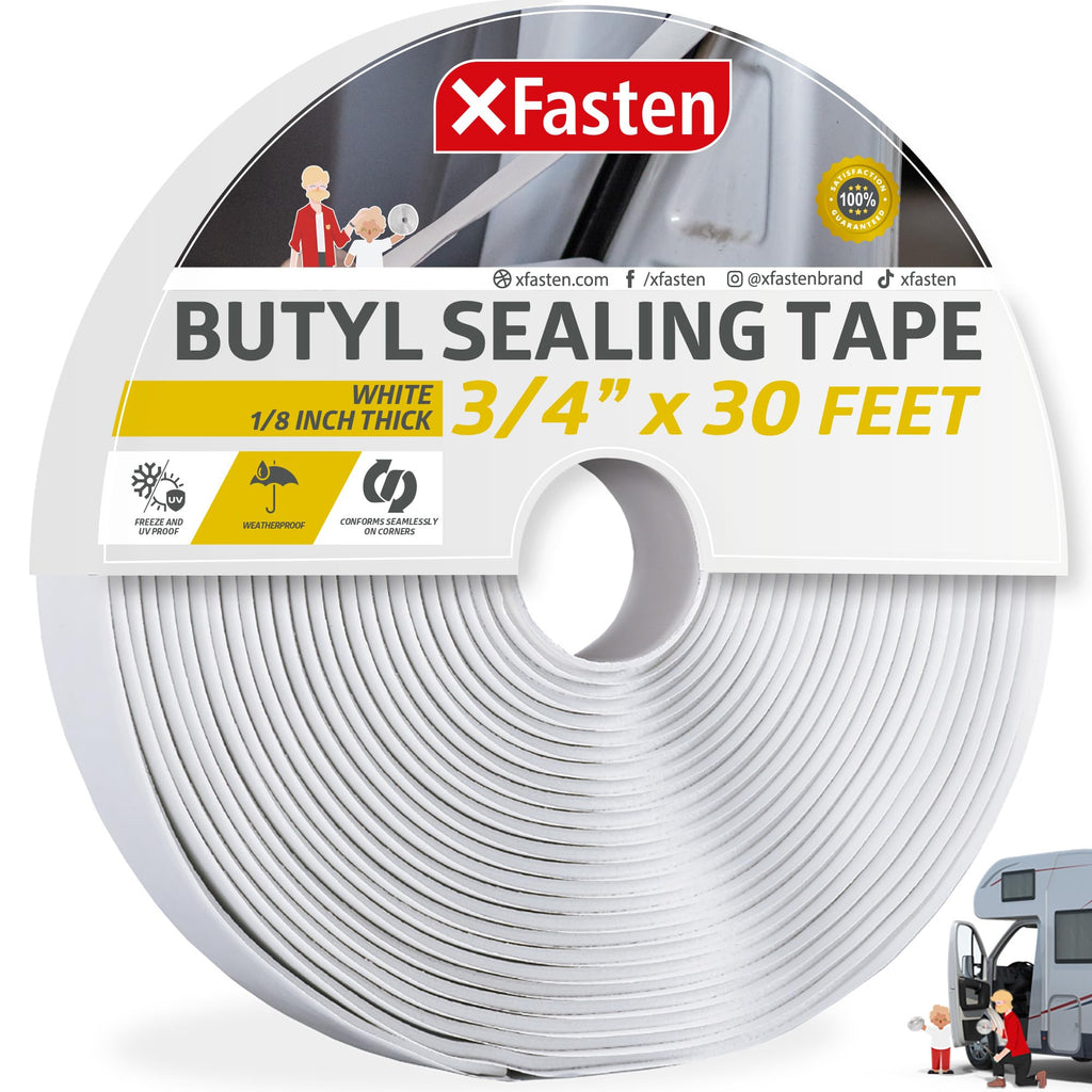 XFasten Butyl Seal Tape, White, 1/8-Inch x 3/4-Inch x 30-Foot, Leak Proof Putty Tape for RV Repair, Window, Boat Sealing, Glass and EDPM Rubber Roof Patching