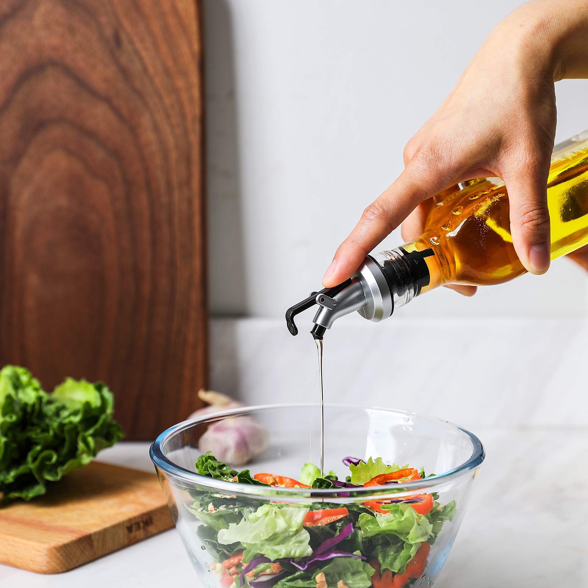 Gala Houseware Oil Dispenser and Vinegar Dispenser Set with Chrome Plated Rack Stand, 2 Piece Olive Oil Dispenser Bottles, Soy Sauce Dispenser Glass Bottles with Drip-Free Pourers,