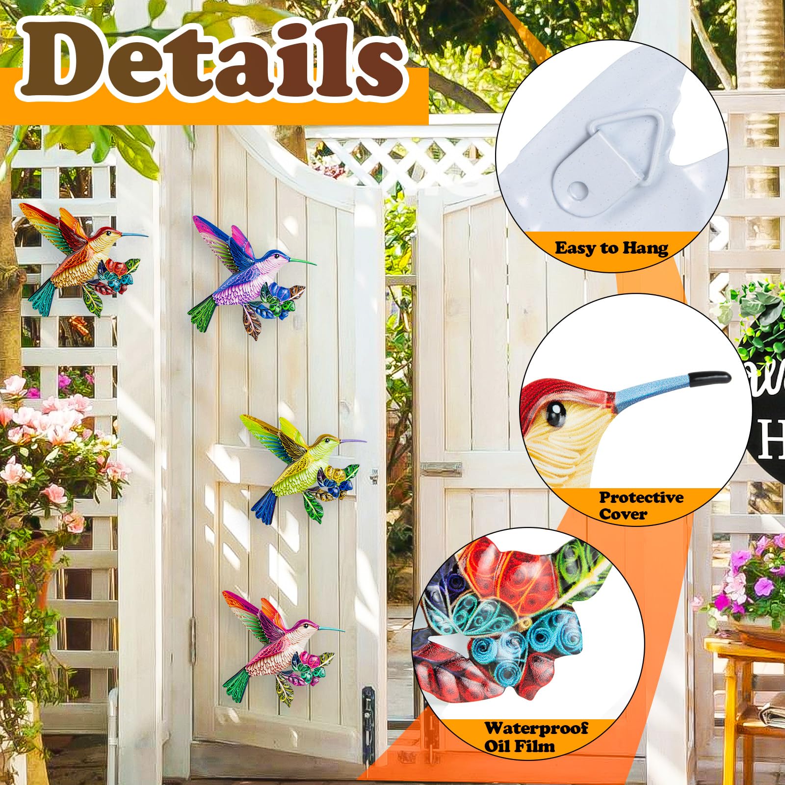 4 Pack Metal Hummingbird Wall Art, Hanging Birds Outdoor Fence Decorations for Garden Patio Yard Living Room Door Balcony