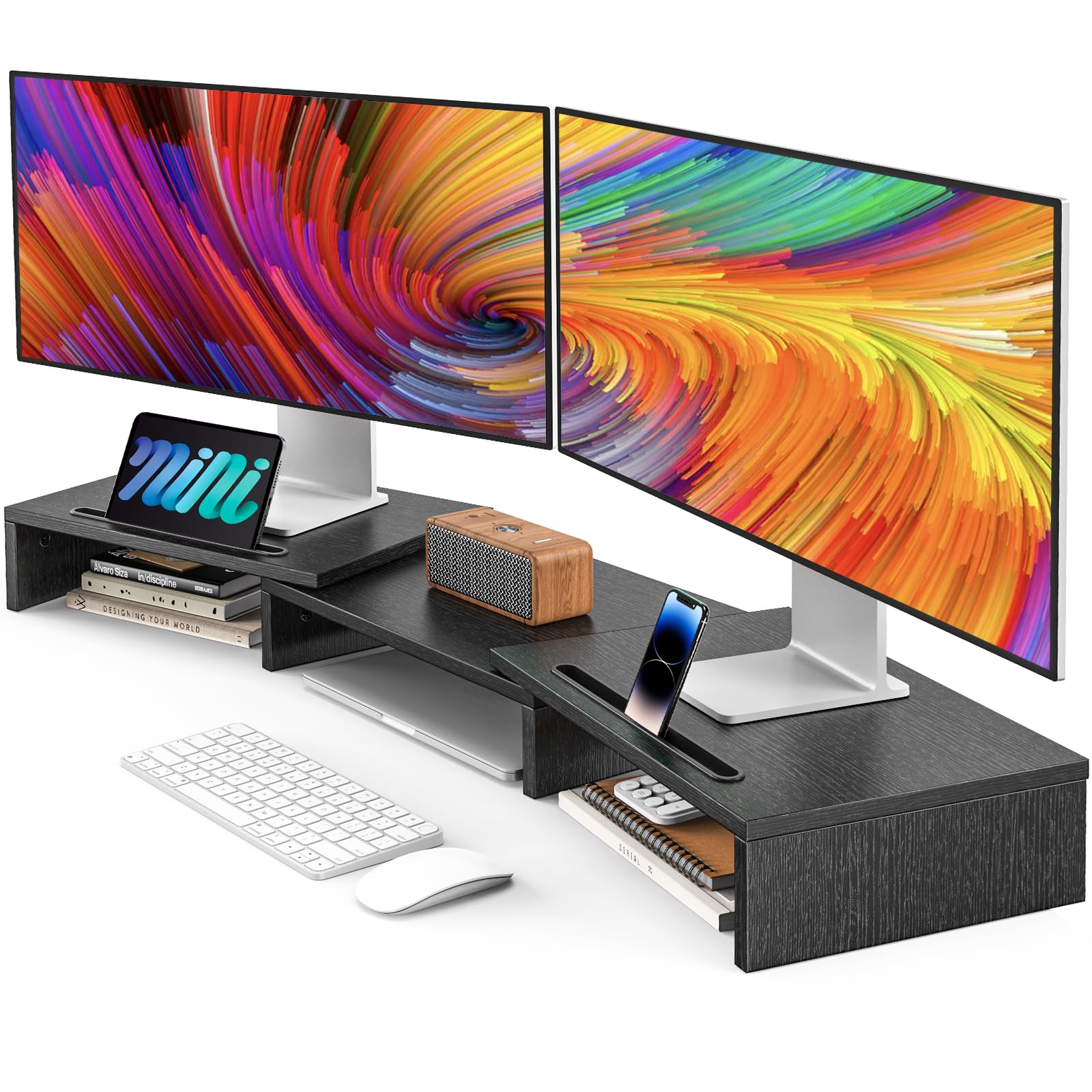 AMERIERGO Dual Monitor Stand -Adjustable Length and Angle, Dual Monitor Riser, Computer Monitor Stand w/2 Slot, Desktop Organizer, Monitor Stand Riser for PC, Computer, Laptop (Black)