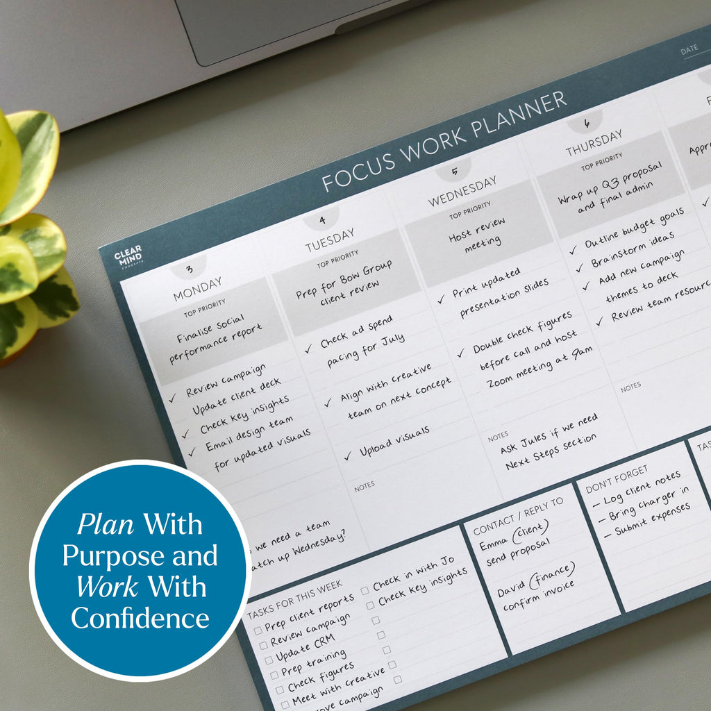 Clear Mind Concepts® Focus Work Planner Pad - A4 Weekly Productivity Desk Pad, 52 Undated Tear-Off Sheets (29.7 × 21cm) - Track Priorities, Tasks, Notes & Goals for Office, School & Home