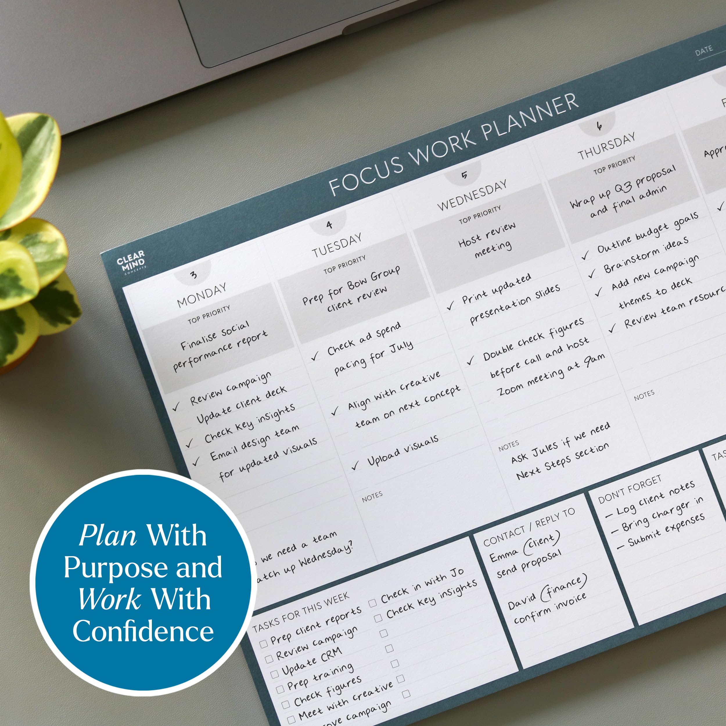 Clear Mind Concepts® Focus Work Planner Pad - A4 Weekly Productivity Desk Pad, 52 Undated Tear-Off Sheets (29.7 × 21cm) - Track Priorities, Tasks, Notes & Goals for Office, School & Home
