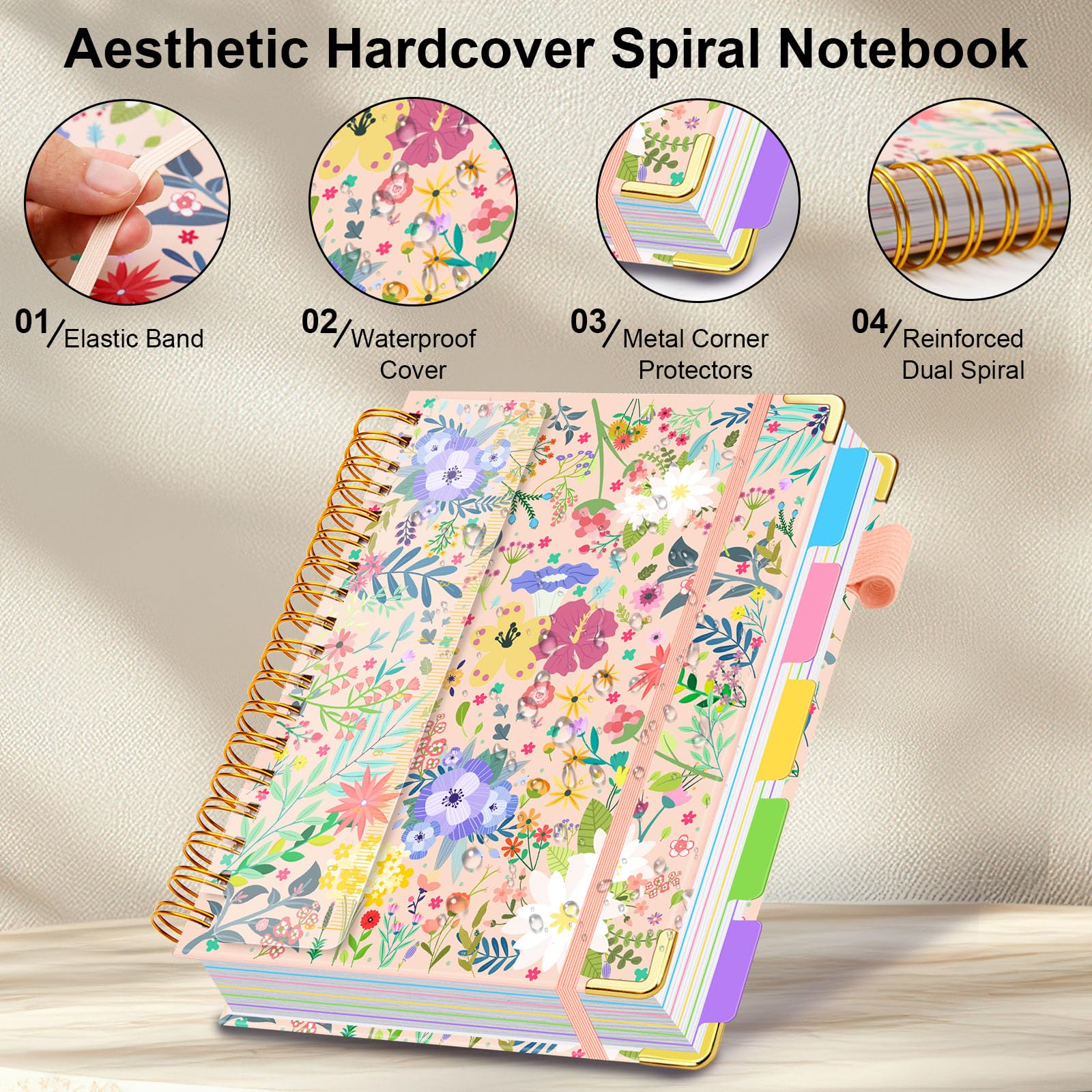 Spiral Journal Notebooks for Work, 300 Pages 5 Subject Notebook College Ruled with Dividers & Tabs, Notebook Journal for Women Students Note-Taking and Organizer (Beige Bloom, B5(8"x10"))