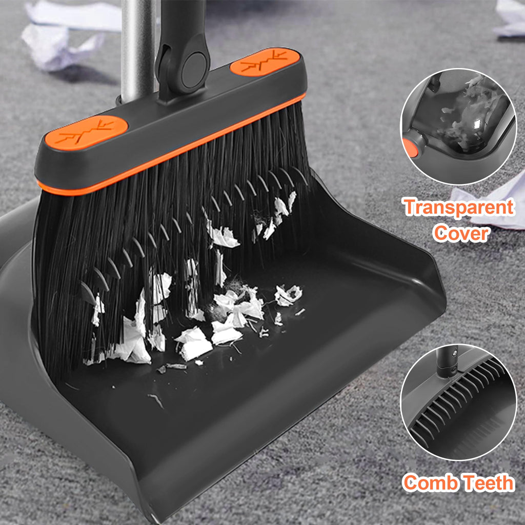 TRENNCHI Broom and Dustpan Set with 54" Long Handle, 180 Degree Rotating Broom and Dust pan with Comb Teeth, Indoor Broom for Home, Kitchen, Lobby, Office Kehrset
