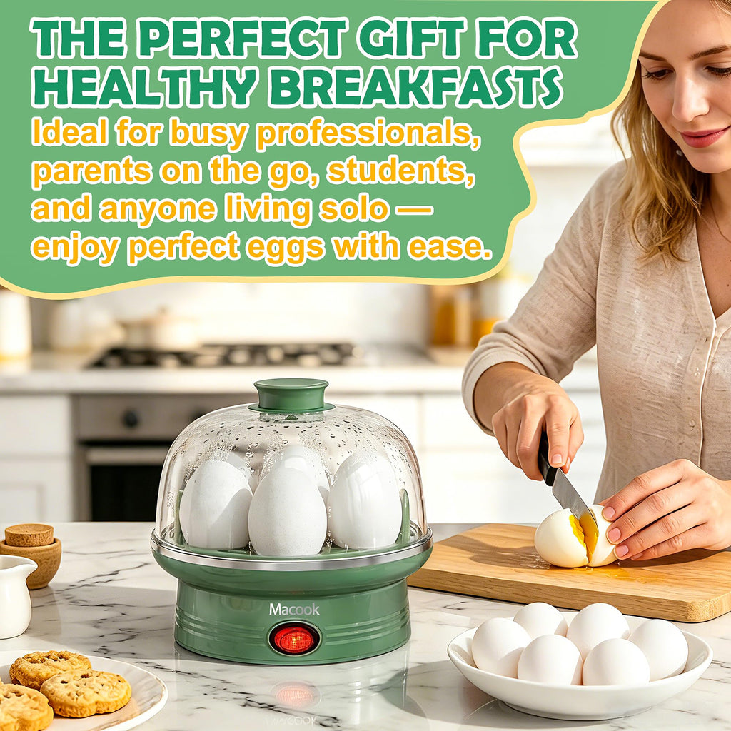 Macook Electric Egg Cooker and Boiler, 7-Egg Capacity Steamer, Fast Heating, for Hard, Soft, Medium Boiled Eggs, with 304 Stainless Steel Tray, BPA-Free, Green