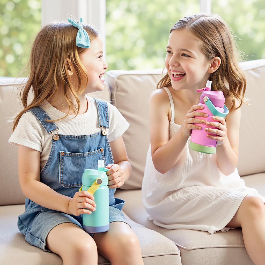 Kerilyn 12oz Kids Insulated Water Bottle, Leak-Proof Toddler Cup with Straws Lids, Kids Water Bottles for School Boys Girls, Stainless Steel Vacuum Insulated Bottle for Kid, BPA Free, Blue
