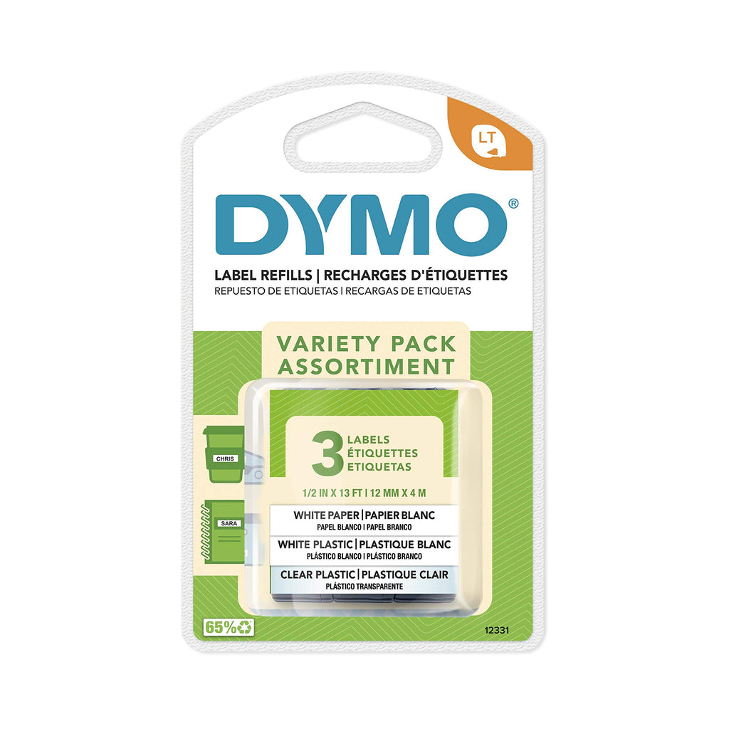 DYMO LT Labels Variety Pack, 1/2" x 13-Foot Rolls, Black Print, 3 Rolls, for LetraTag Label Makers