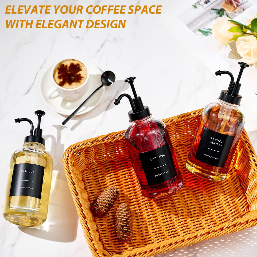 Coffee Syrup Dispenser for Coffee Bar, Glass Syrup Dispenser with Pump, Coffee Syrup Pump Dispenser Bottle, Spoon for Coffee Station, Coffee Bar Organizer, Black,16.9 oz, 500 ml