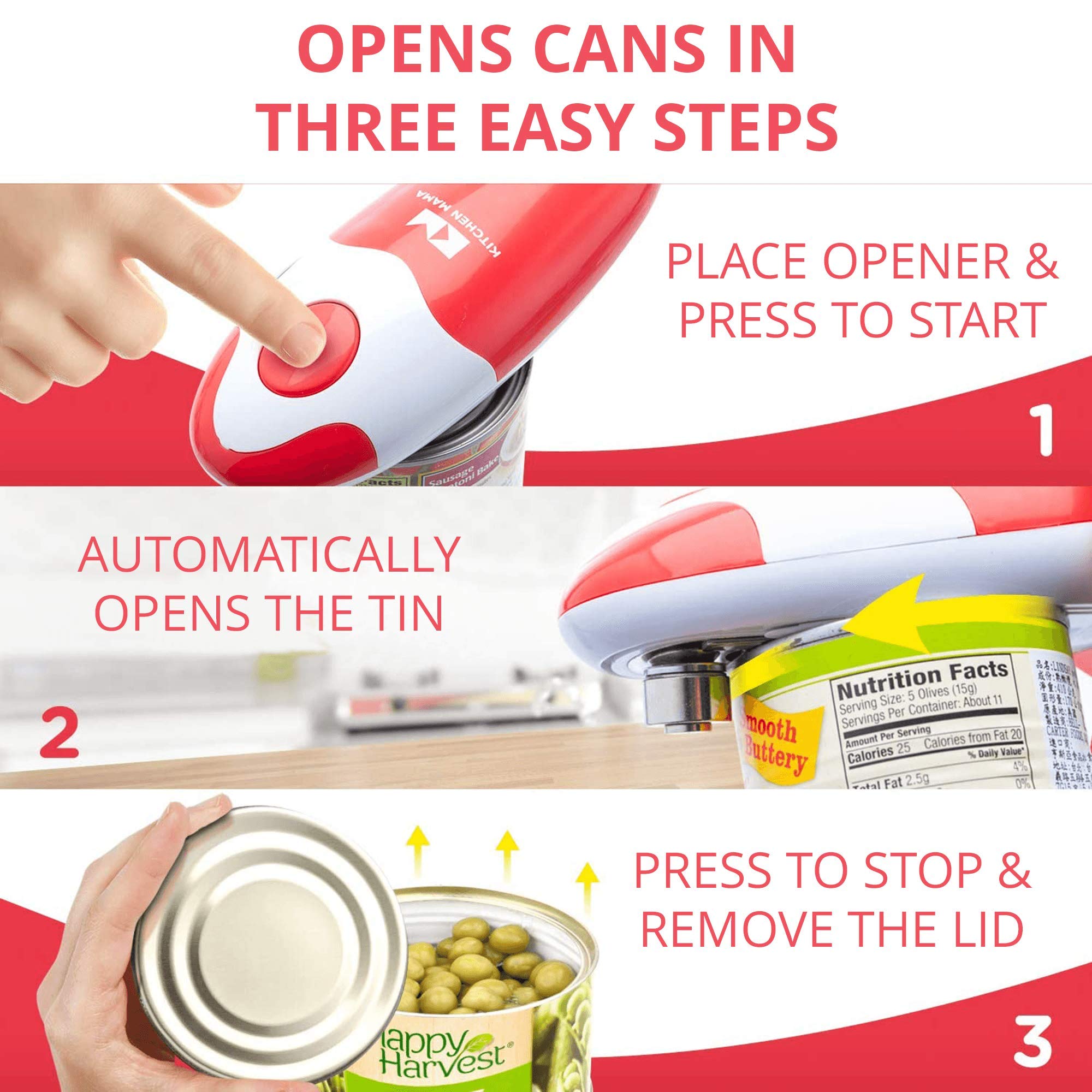 Kitchen Mama Auto Electric Can Opener: Safe, Easy with One Touch, Smooth Edge, Battery Operated, Cordless, Automatic Can Opener for Seniors with Arthritis, Hand Held Appliances, YES You CAN (Red)
