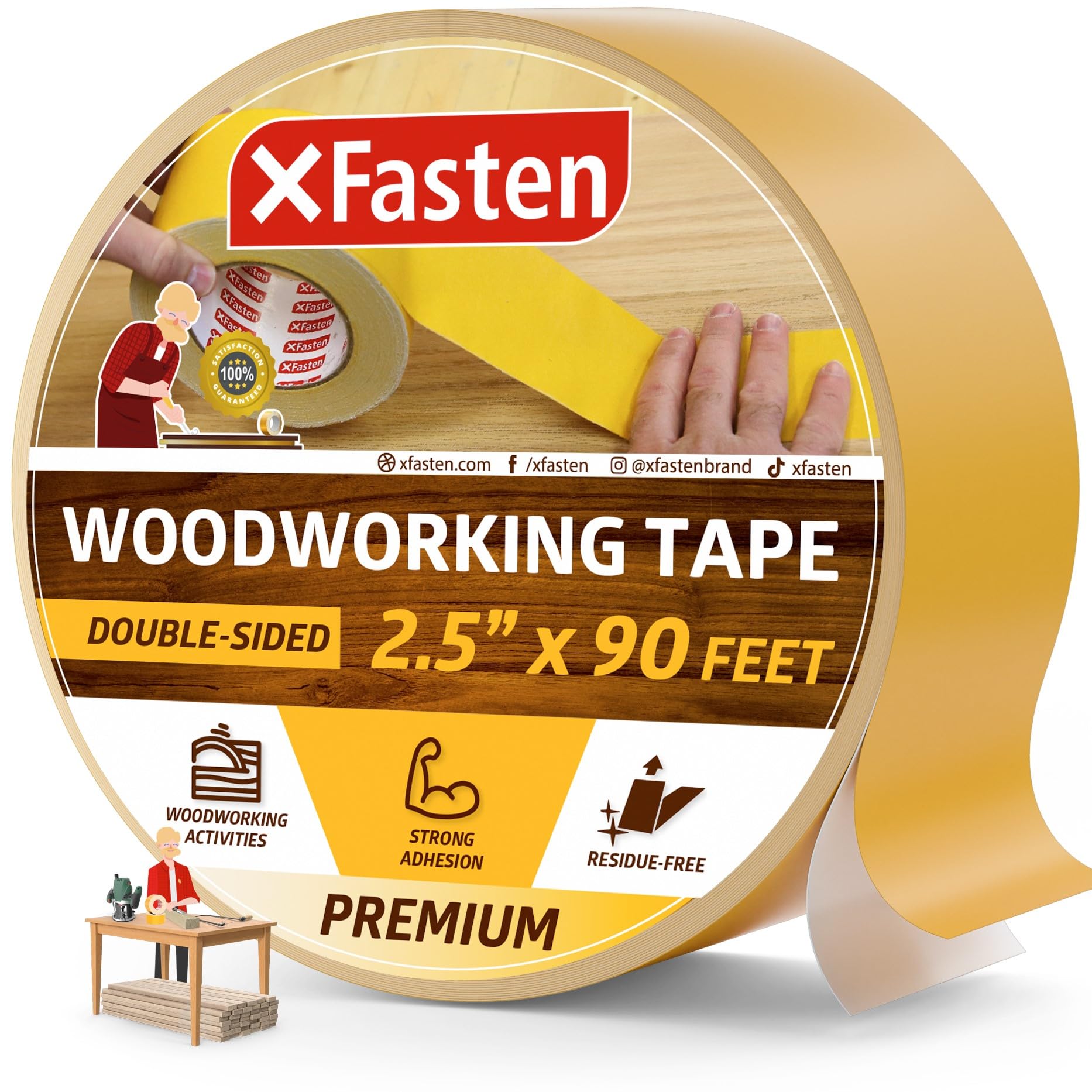 XFasten Double Sided Woodworking Tape w/Yellow Backing 2.5 Inches x 30 Yards