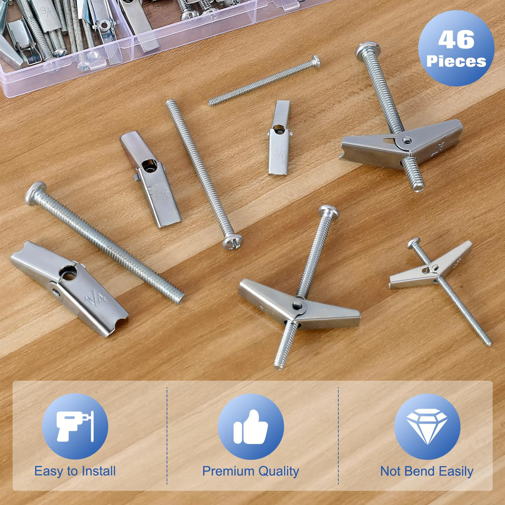 46Pcs Heavy Duty Drywall Anchors, Toggle Bolts and Wing Nut Kit,Dry Wall Anchors and Screws Kit,3 Sizes(1/8in, 3/16in, 1/4in) Butterfly Anchors for Ceiling,Sheetrock,Hollow Wall