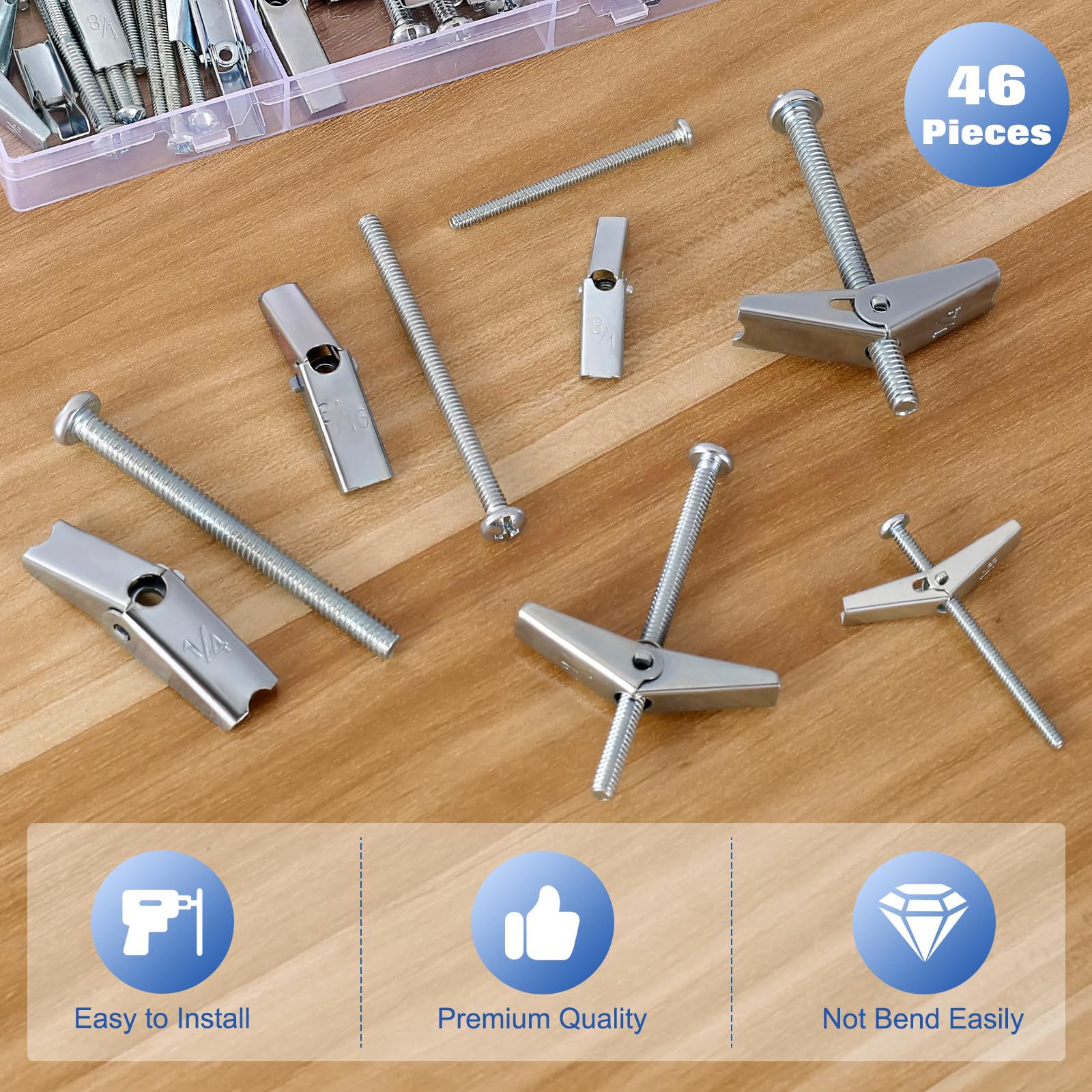 46Pcs Heavy Duty Drywall Anchors, Toggle Bolts and Wing Nut Kit,Dry Wall Anchors and Screws Kit,3 Sizes(1/8in, 3/16in, 1/4in) Butterfly Anchors for Ceiling,Sheetrock,Hollow Wall