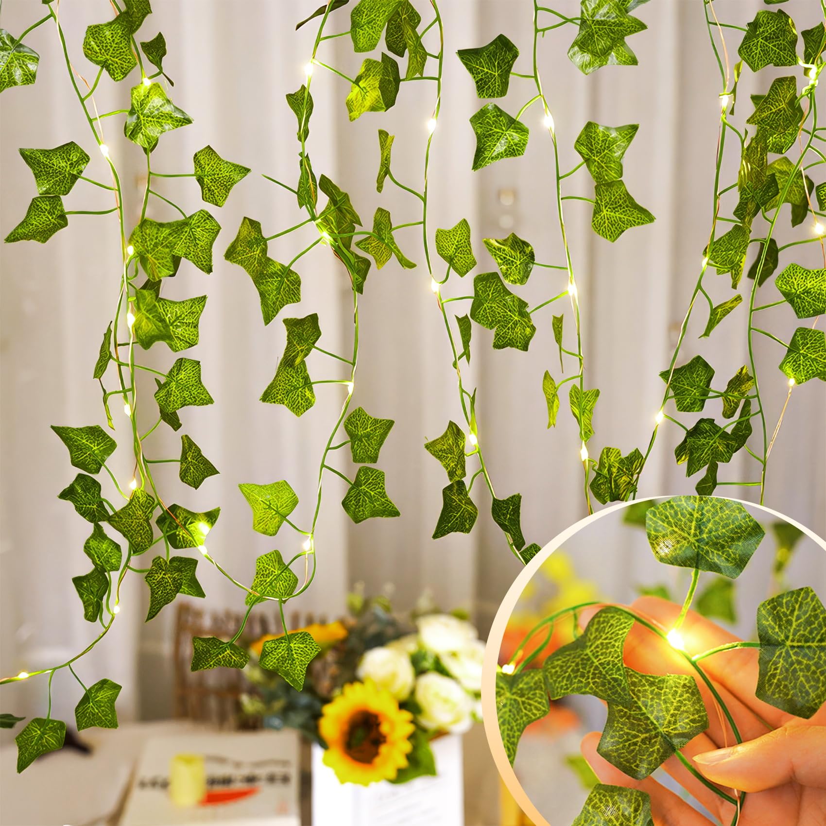 KASZOO 33ft 100 LED Vine with Fairy Lights with Remote - Fake Vines String Lights Battery/USB Operated, Ivy Garland, Leaf Lights for Bedroom Garden Party Wall Room Decor