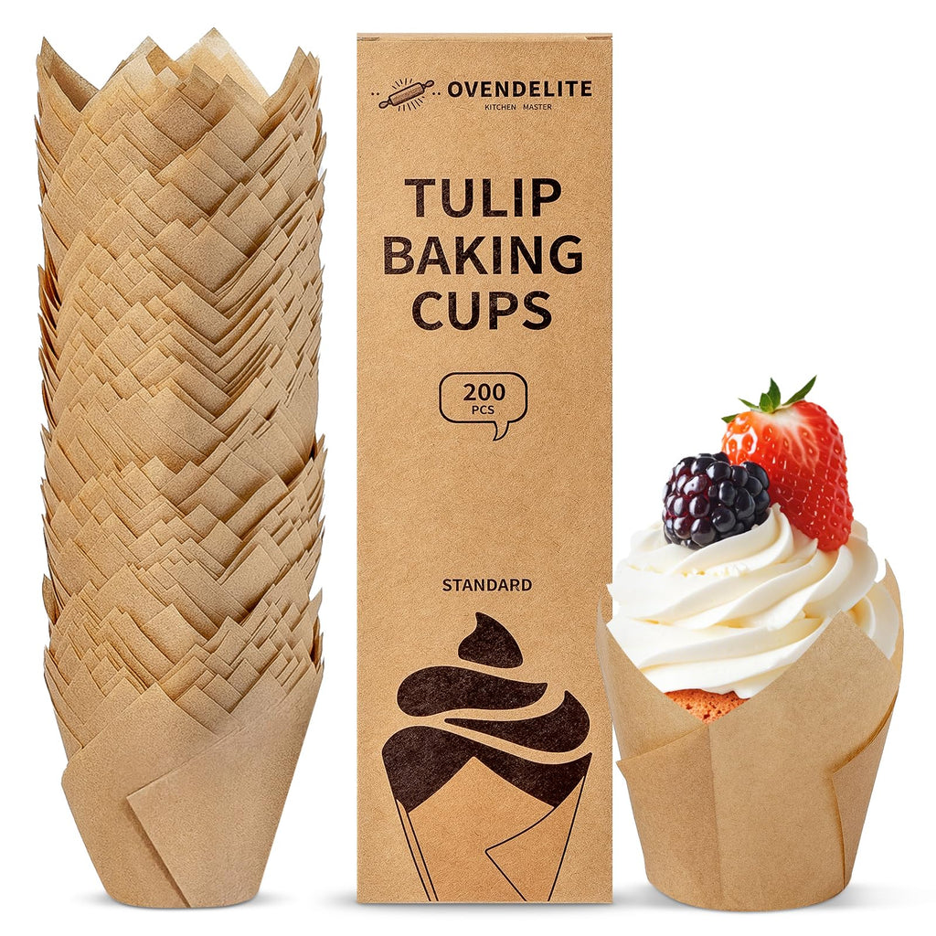 OvenDelite Tulip Cupcake Liners Natural 200PCS - Unbleached Parchment Muffin Liners, Non-Fade Oven-Safe, Brunch & Cafe Style Baking Cups