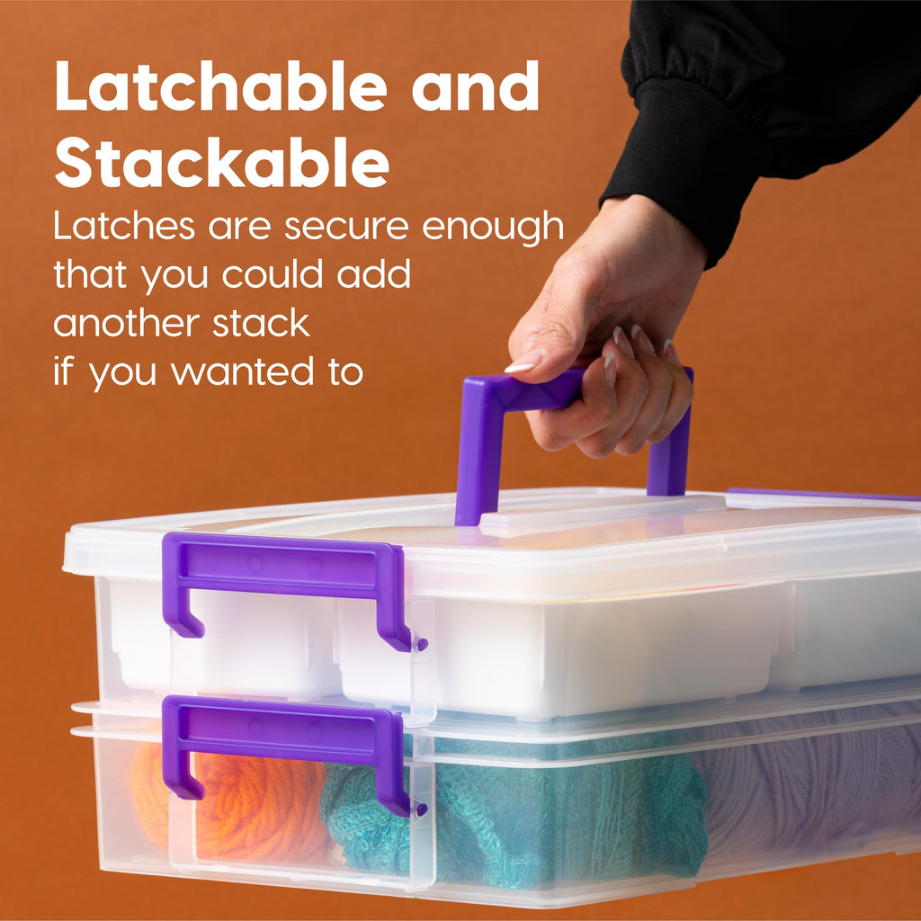 IRIS USA 8.9 L (9.4 US Qt) Large 2-Layer Portable Stack and Carry Storage Bin with Buckle-Up Lid, 4 Removable Dividers, for Arts Crafts Supplies Stationery Medicine Play-Doh Nail Polish, Clear/Violet