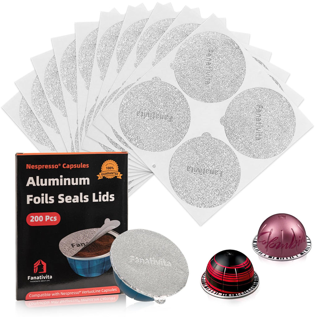 Fanativita Universal Aluminum Foil Seal Lids to Reuse Vertuo Pods, Compatible with Nespresso Vertuo Coffee Pods, 200Pcs (62mm)