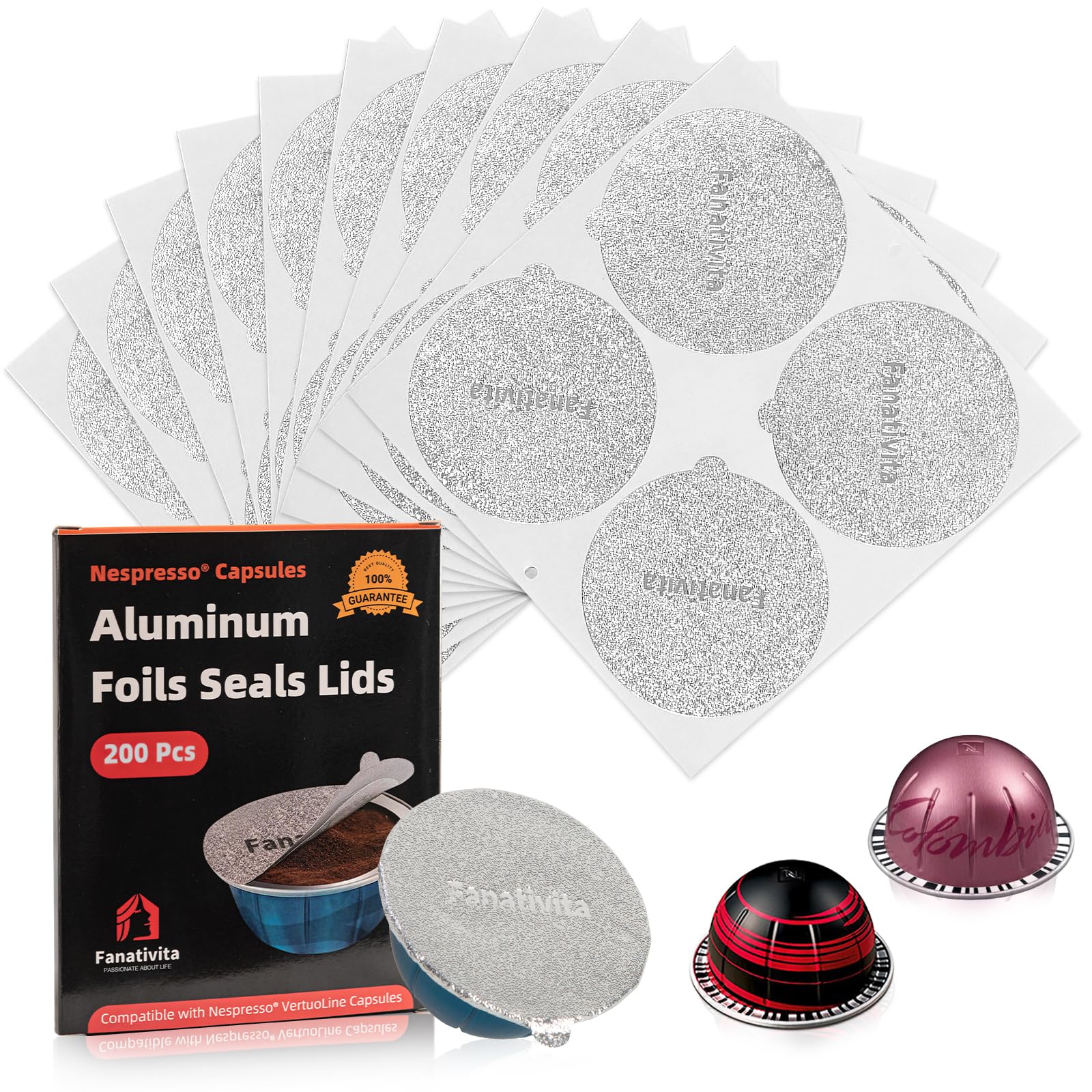 Fanativita Universal Aluminum Foil Seal Lids to Reuse Vertuo Pods, Compatible with Nespresso Vertuo Coffee Pods, 200Pcs (62mm)