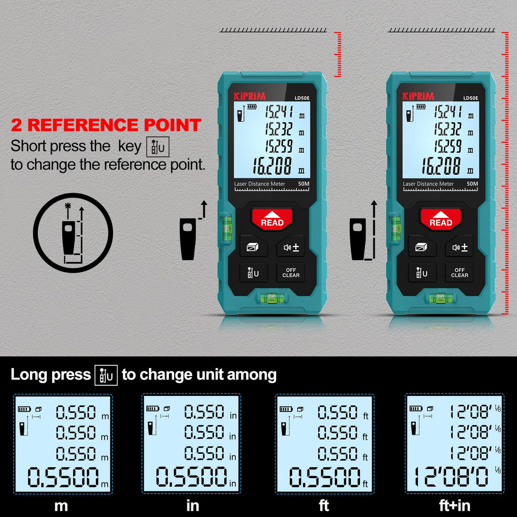 Kiprim Laser Distance Measure High Accuracy 50M LD50E Laser Tape Measure 165ft Compact Laser Measurement Tool with Larger Backlit LCD Display,ft/m/in Switching,Bubble Level